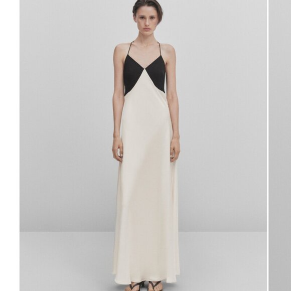 NWT -Massimo Dutti Studio Cream Long Dress With Contrast